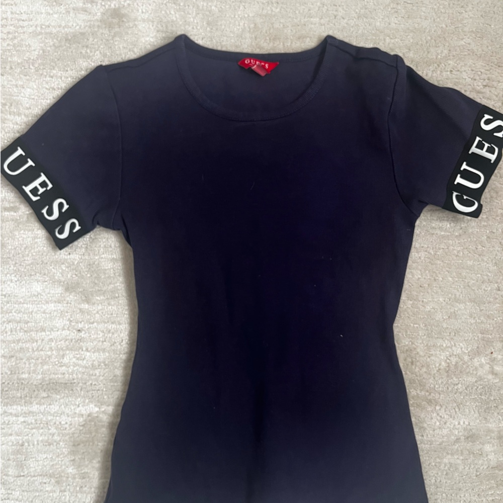 Guess Navy Blue Tee with Logo Sleeves